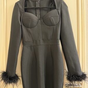 Elegant Black Dress with Feather Cuffs